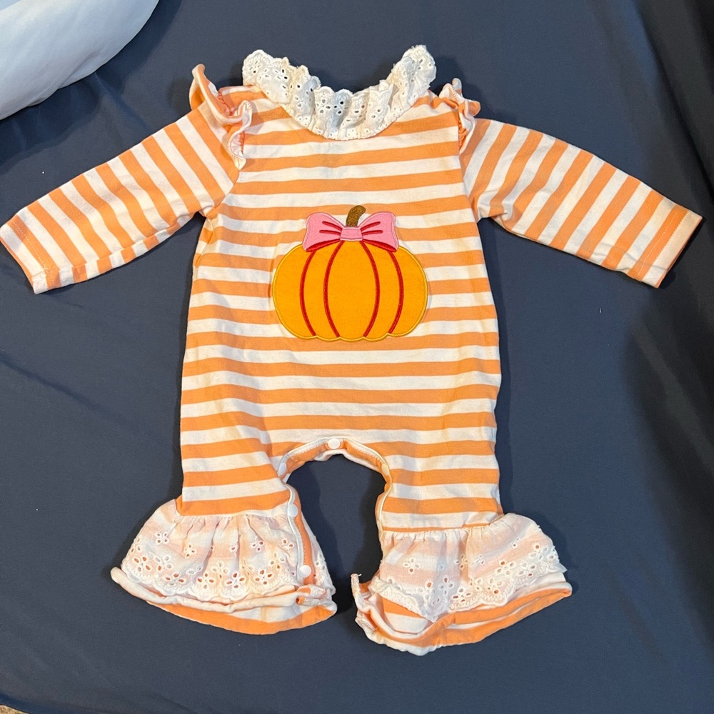 Orange Striped Baby Romper with Pumpkin Design